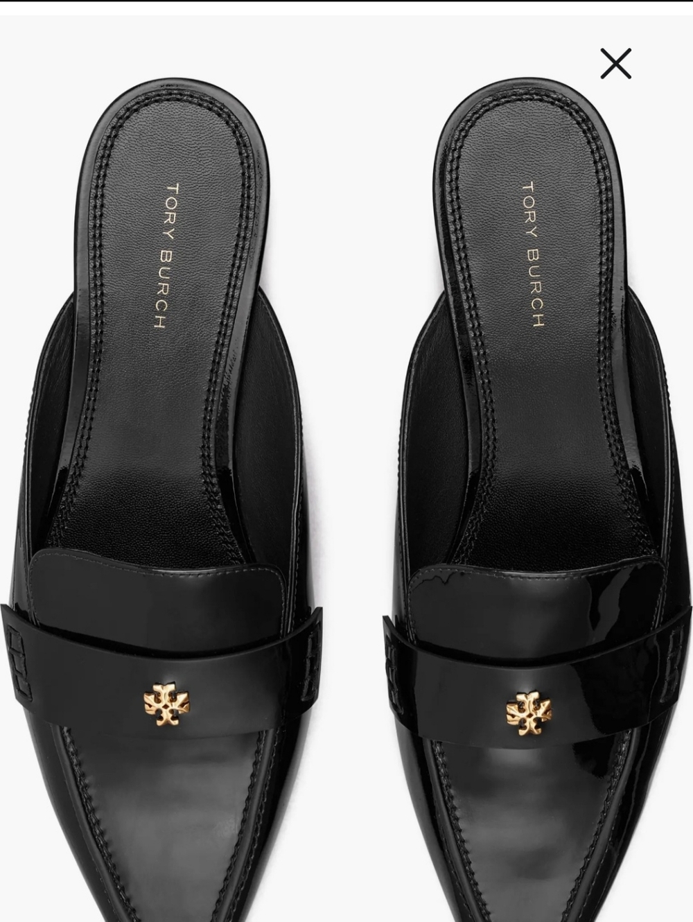 Tory Burch Black Patent Leather Pointed Toe Mules with Gold Logo